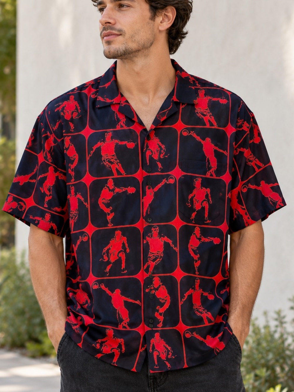 Regal Wear Men’s XL Black Red Basketball Print Short Sleeve Button Up Shirt